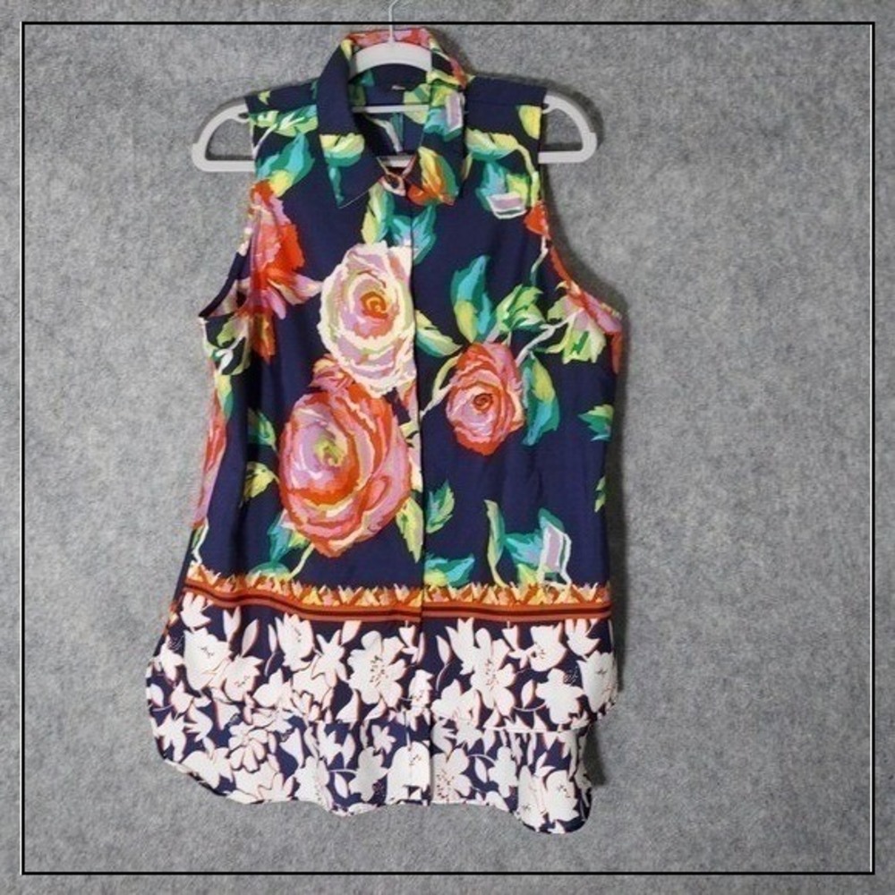 Milano Women Sleeveless Blouse L Navy Patchwork Floral Boho High Low Button Top